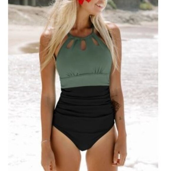 Cupshe Keyhole Tunnelled One Piece Swimsuit Green Black Large - Picture 1 of 8